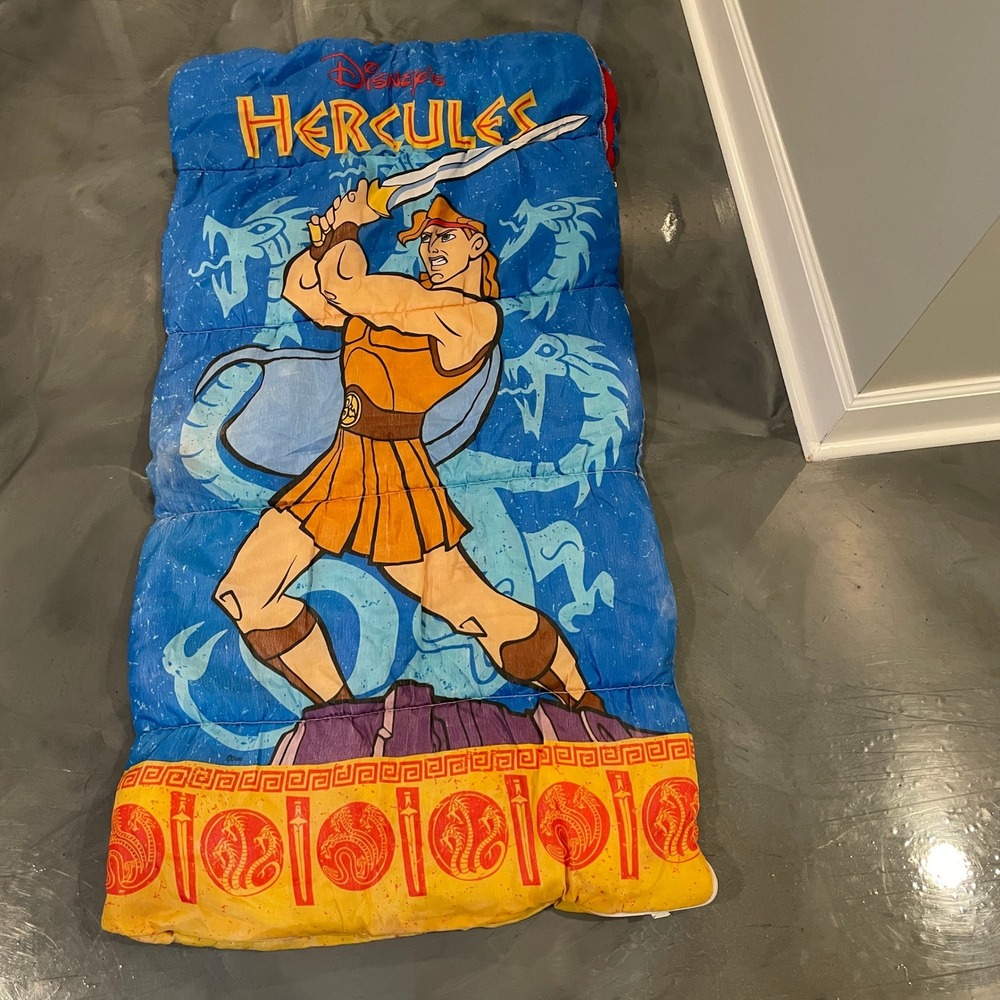 Vintage Disney Hercules Kids Sleeping Bag 90s Movie Blue 28"X54" Camping Y2K